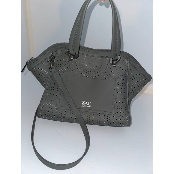 Zac Posen Gray Leather Laser Cut‎ Studded Purse Handbag - Picture 1 of 6